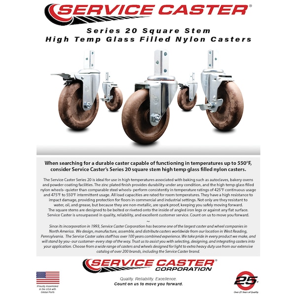 3 Inch High Temp Glass Filled Nylon Wheel Swivel 3/4 Inch Square Stem Caster Set